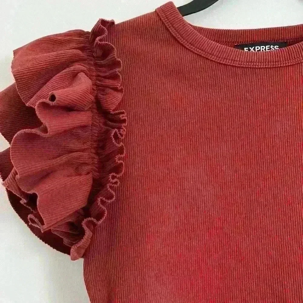 Express Terra Cotta Ribbed Ruffled Shoulder Tee - Picture 3 of 4